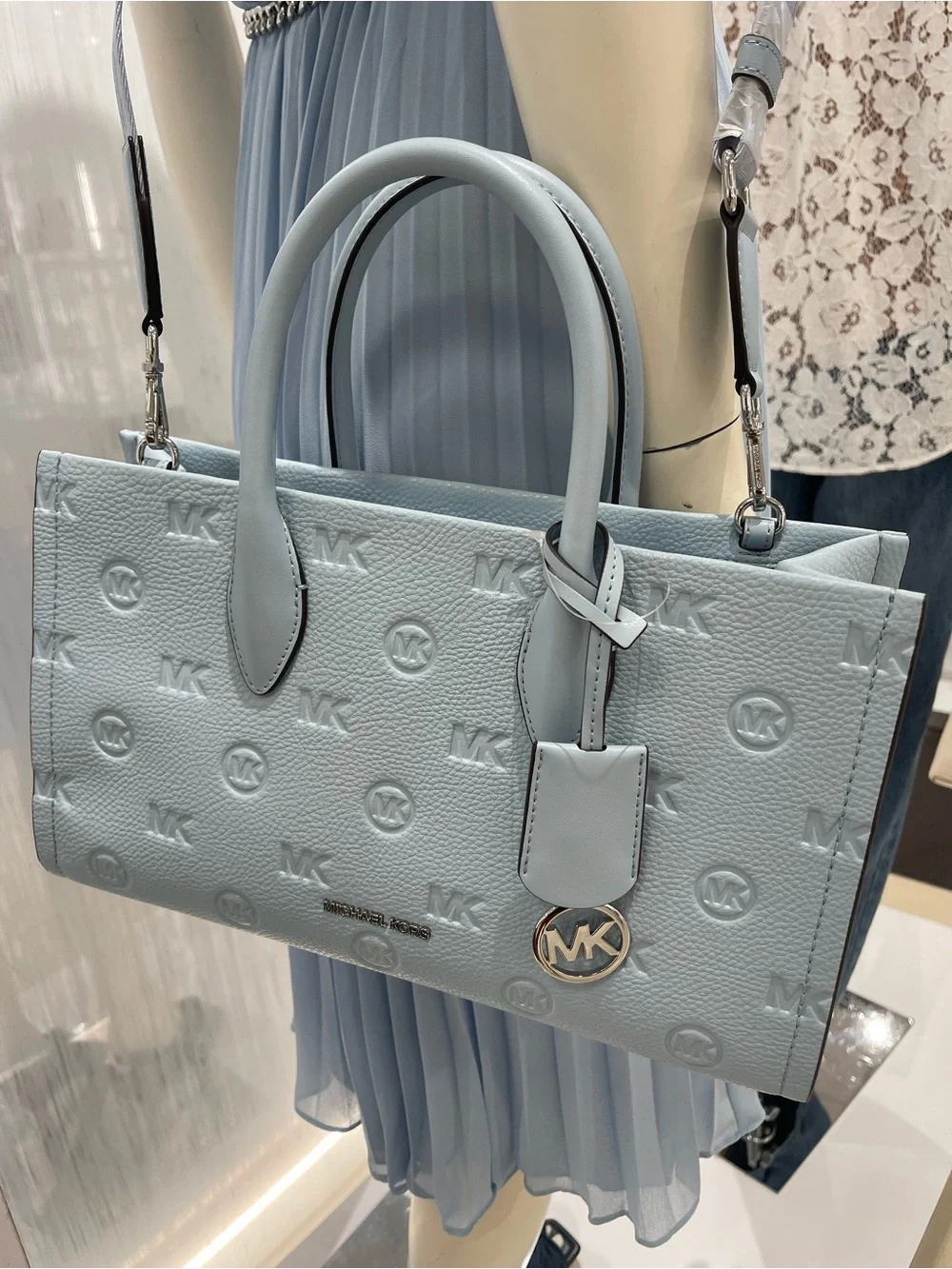Michael Kors Mirella Md Logo Debossed EW Top Zip Satchel Shouldr Tote Pale Ocean